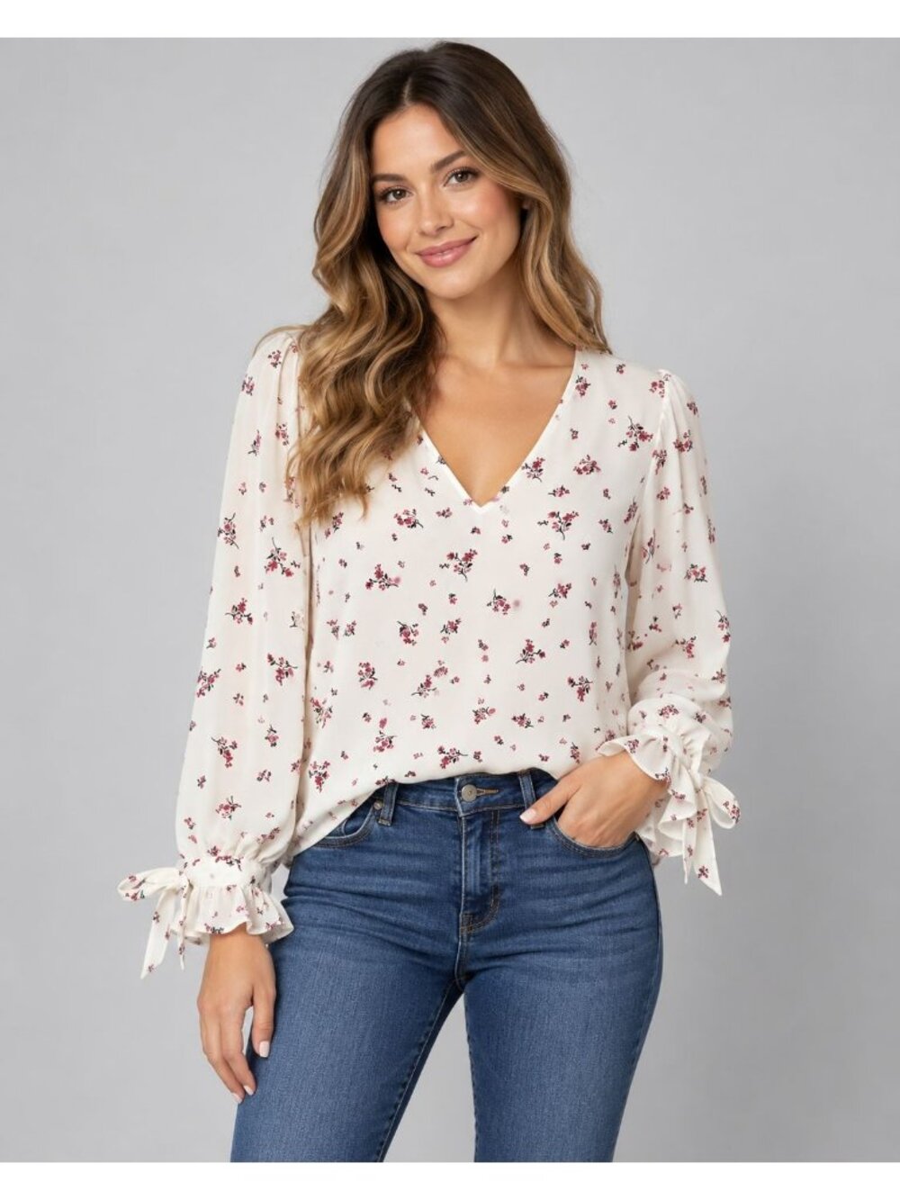CeCe Breezy Sprigs Ecru Floral Print Long Sleeve V-Neck Tie-Cuff Blouse Large